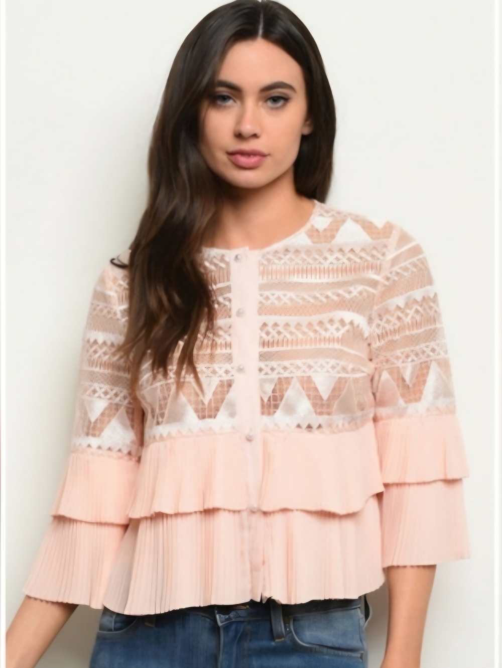 Pleated Lace-Panel Blouse in Blush Pink